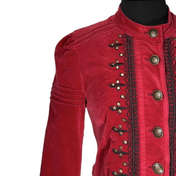 Free People Womens Maven Pintuck Military Jacket Red Velvet Embroidered Button S - Picture 4 of 12